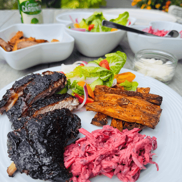 Ninja Smoked Pork Ribs with Roasted Sweet Potato Wedges and Salad