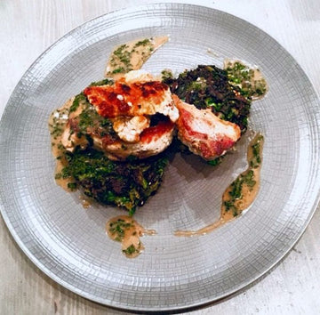 Pork Chops Braised in Tamarind and Coconut with Sweet Potato Okonomiyaki and Spicy Crackling