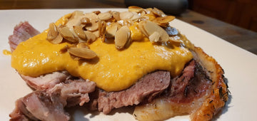 Butter basted pork loin with almond sauce