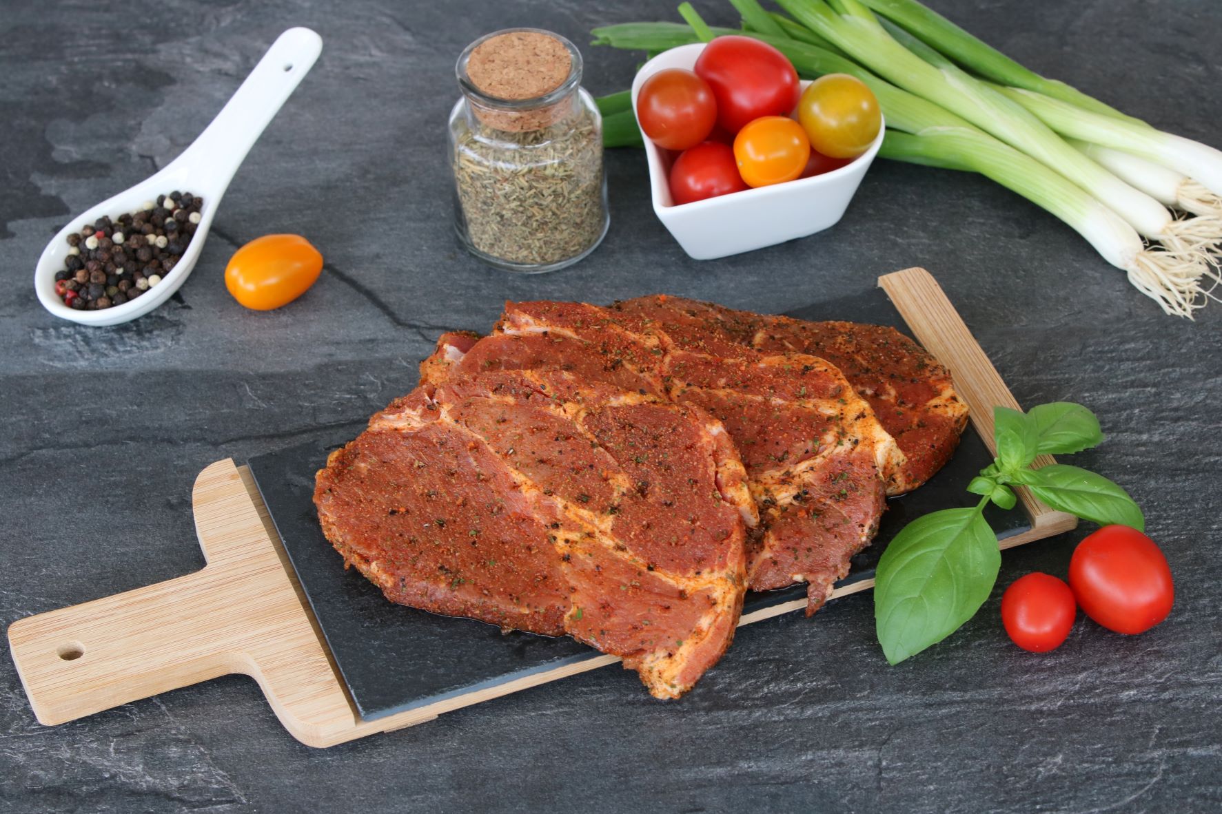 Marinated Pork Steaks (pack of 2 weighing approx 400 grams)(may contain traces of celery, milk, mustard, sulphur dioxide and soya)